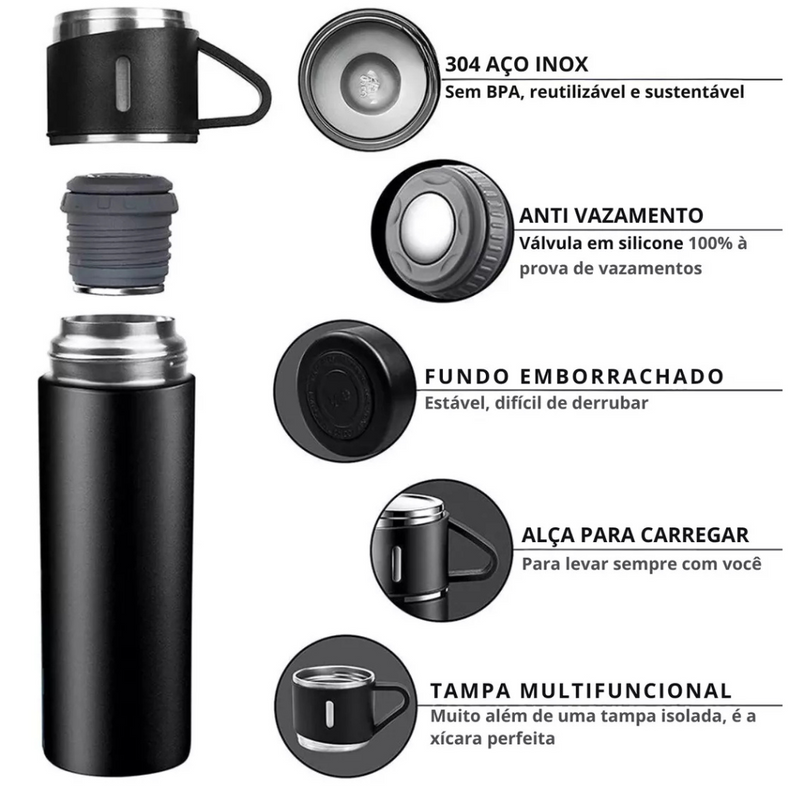 Kit Garrafa Térmica 500ml + 3 Xícaras Aço Inoxidável